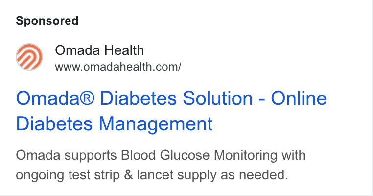 Omada Health ad on Google Ads: Omada® Diabetes Solution - Online Diabetes Management Omada supports Blood Glucose Monitoring with ongoing test strip & lancet supply as needed.