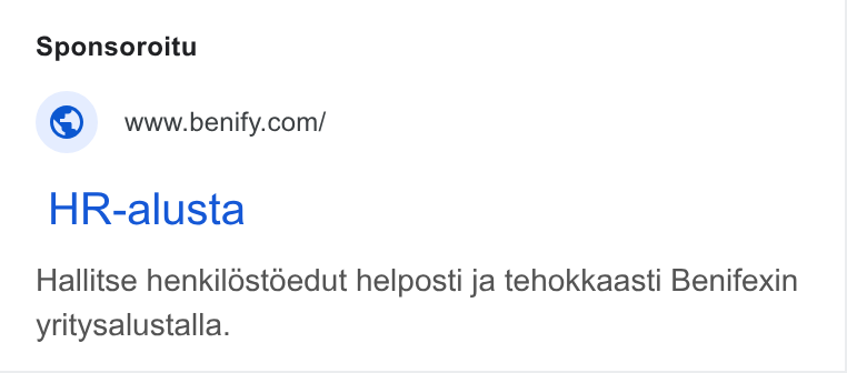 Benifex ad on Google Ads: HR-alusta Hallitse henkildstoedut helposti ja tehokkaasti Benifexin yritysalustalla.