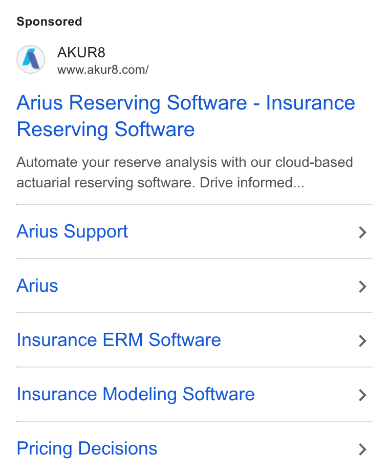 AKUR8 ad on Google Ads: Arius Reserving Software - Insurance Reserving Software Automate your reserve analysis with our cloud-based actuarial reserving software. Drive informed... Arius Support Arius Insurance ERM Software Insurance Modeling Software Pricing Decisions