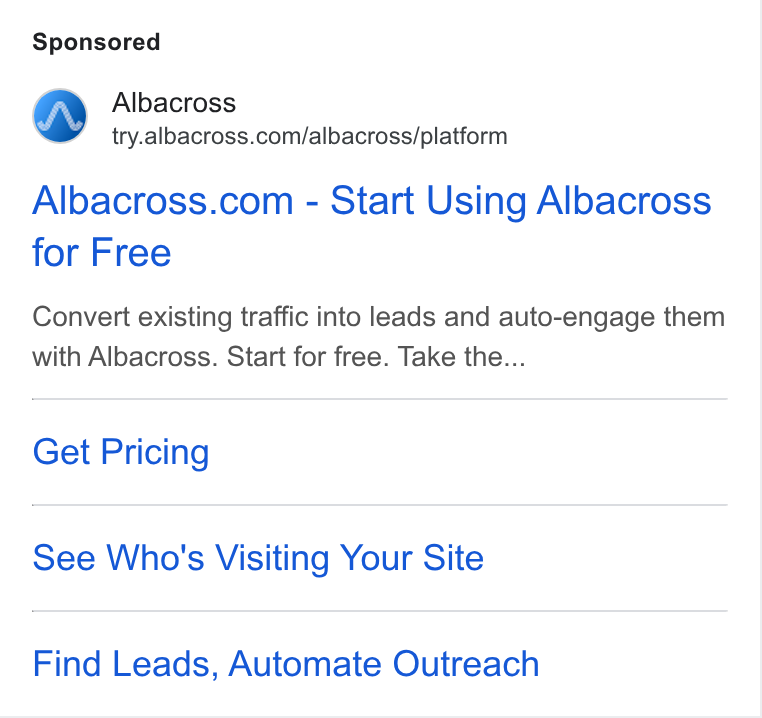 Albacross ad on Google Ads: Albacross.com - Start Using Albacross for Free Convert existing traffic into leads and auto-engage them with Albacross. Start for free. Take the... Get Pricing See Who's Visiting Your Site Find Leads, Automate Outreach