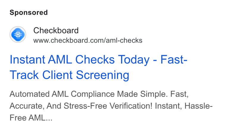 Checkboard ad on Google Ads: Instant AML Checks Today - Fast- Track Client Screening Automated AML Compliance Made Simple. Fast, Accurate, And Stress-Free Verification! Instant, Hassle- Free AML...