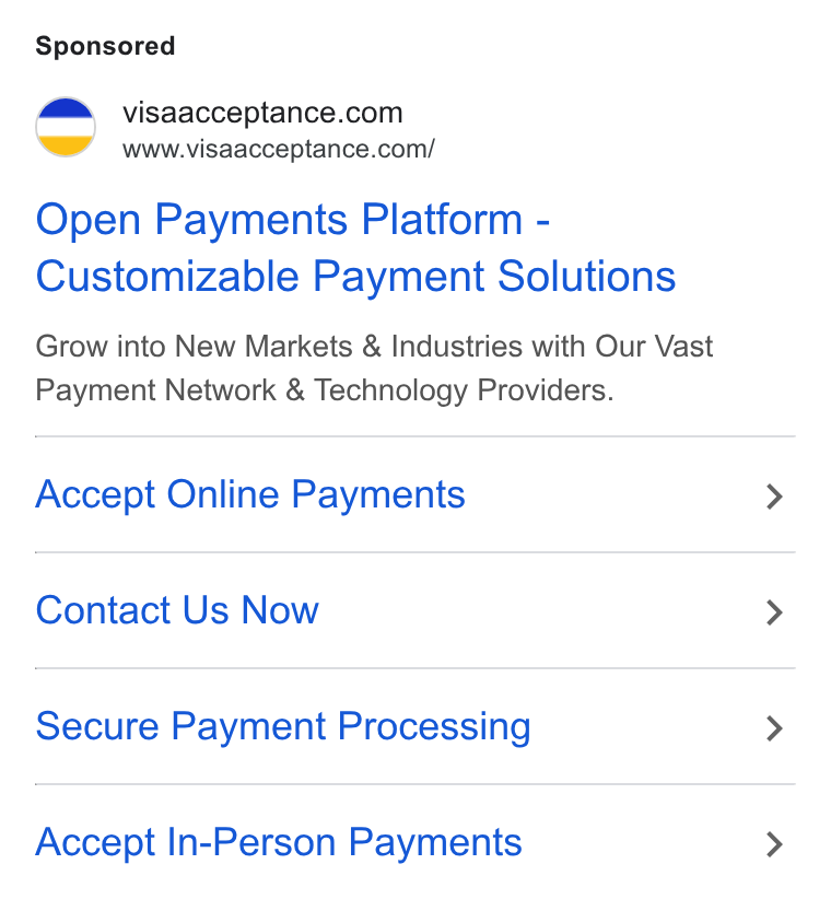 Visa ad on Google Ads: www.visaacceptance.com/ Open Payments Platform - Customizable Payment Solutions Grow into New Markets & Industries with Our Vast Payment Network & Technology Providers. Accept Online Payments Contact Us Now Secure Payment Processing Accept In-Person Payments