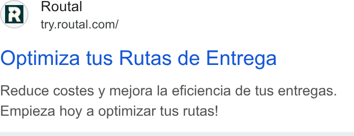 Routal ad on Google Ads: Optimiza tus Rutas de Entrega Reduce costes y mejora la eficiencia de tus entregas. Empieza hoy a optimizar tus rutas!