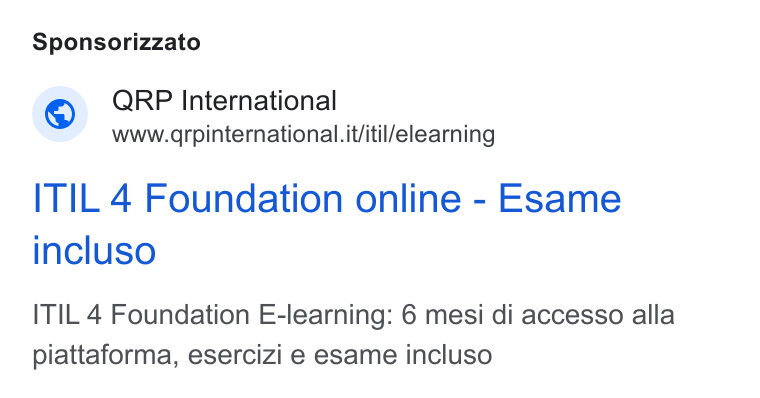 aNewSpring ad on Google Ads: Sponsorizzato ITIL 4 Foundation online - Esame incluso ITIL 4 Foundation E-learning: 6 mesi di accesso alla piattaforma, esercizi e esame incluso