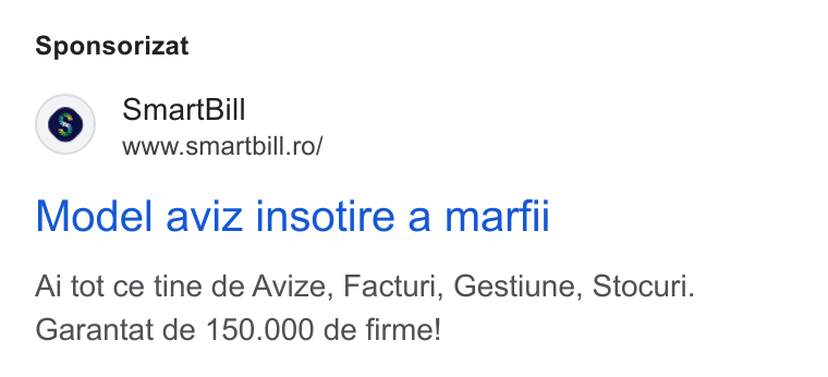 SmartBill ad on Google Ads: Sponsorizat Model aviz insotire a marfil Ai tot ce tine de Avize, Facturi, Gestiune, Stocuri. Garantat de 150.000 de firme!