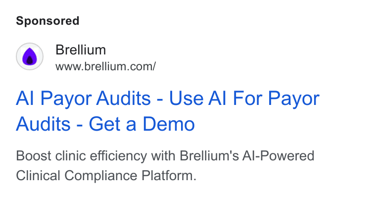 Brellium ad on Google Ads: Al Payor Audits - Use Al For Payor Audits - Get a Demo Boost clinic efficiency with Brellium's Al-Powered Clinical Compliance Platform.