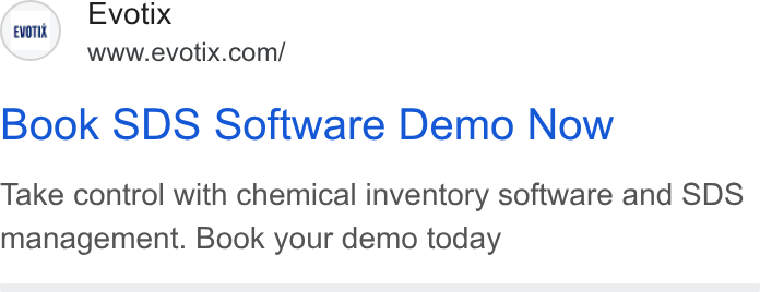 Evotix ad on Google Ads: Book SDS Software Demo Now Take control with chemical inventory software and SDS management. Book your demo today