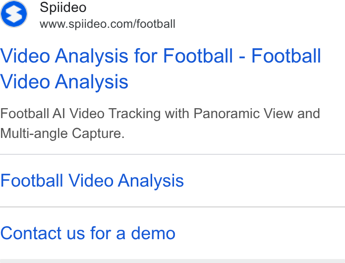 Spiideo ad on Google Ads: Video Analysis for Football - Football Video Analysis Football Al Video Tracking with Panoramic View and Multi-angle Capture. Football Video Analysis Contact us for a demo