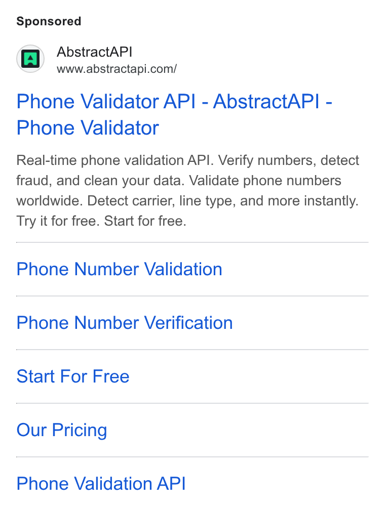 Abstract ad on Google Ads: Phone Validator API - Abstract API - Phone Validator Real-time phone validation API. Verify numbers, detect fraud, and clean your data. Validate phone numbers worldwide. Detect carrier, line type, and more instantly. Try it for free. Start for free. Phone Number Validation Phone Number Verification Start For Free Our Pricing Phone Validation API