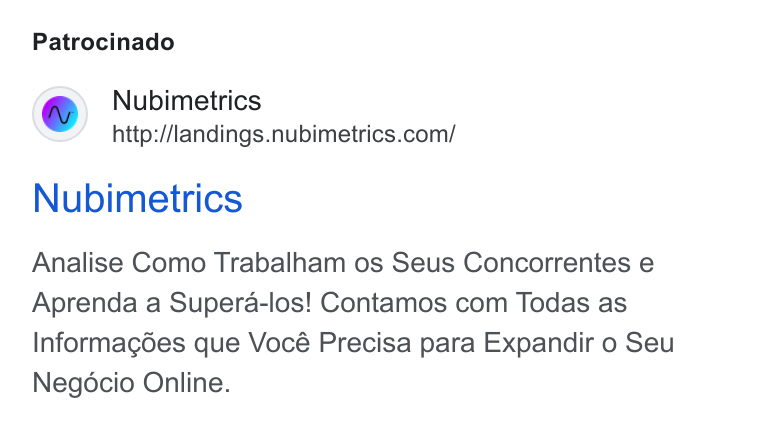Nubimetrics ad on Google Ads: Patrocinado Nubimetrics Analise Como Trabalham os Seus Concorrentes e Aprenda a Supera-los! Contamos com Todas as Informagdes que Vocé Precisa para Expandir o Seu Negocio Online.