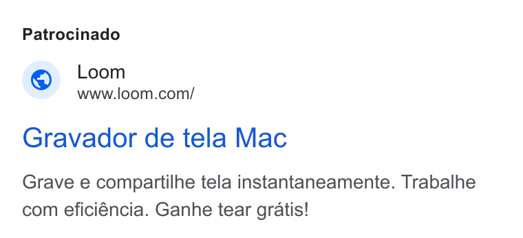 Loom ad on Google Ads: Patrocinado Gravador de tela Mac Grave e compartilhe tela instantaneamente. Trabalhe com eficiéncia. Ganhe tear gratis!