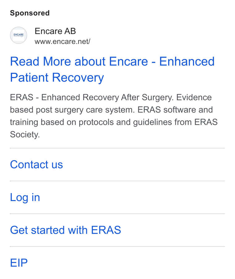Encare ad on Google Ads: Read More about Encare - Enhanced Patient Recovery ERAS - Enhanced Recovery After Surgery. Evidence based post surgery care system. ERAS software and training based on protocols and guidelines from ERAS Society. Contact us Log in Get started with ERAS EIP