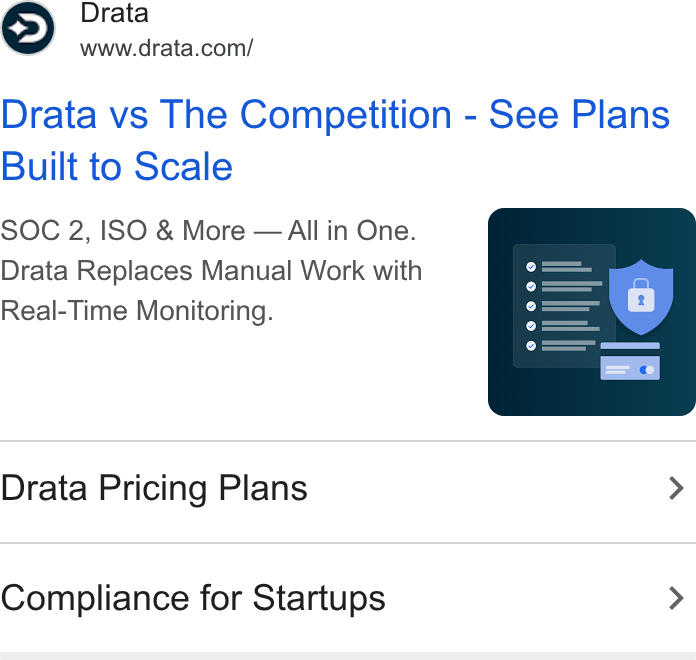 Drata Google ad: Search text ad