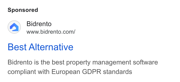 Bidrento ad on Google Ads: Best Alternative Bidrento is the best property management software compliant with European GDPR standards