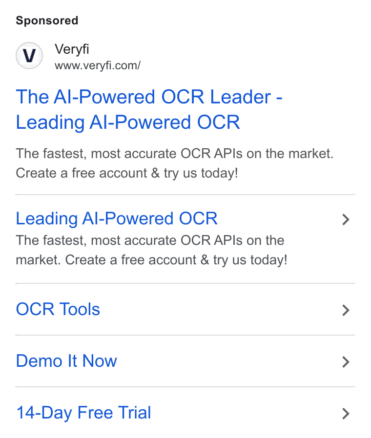 Veryfi ad on Google Ads: The Al-Powered OCR Leader - Leading Al-Powered OCR The fastest, most accurate OCR APIs on the market. Create a free account & try us today! Leading Al-Powered OCR The fastest, most accurate OCR APIs on the market. Create a free account & try us today! OCR Tools Demo It Now 14-Day Free Trial