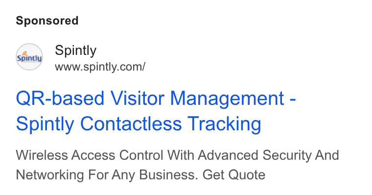 Spintly ad on Google Ads: QR-based Visitor Management - Spintly Contactless Tracking Wireless Access Control With Advanced Security And Networking For Any Business. Get Quote