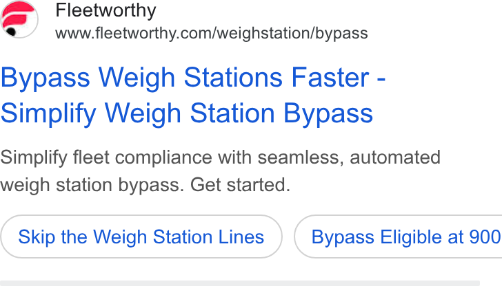 Bestpass ad on Google Ads: Bypass Weigh Stations Faster - Simplify Weigh Station Bypass Simplify fleet compliance with seamless, automated weigh station bypass. Get started. Skip the Weigh Station Lines }) ( Bypass Eligible at 900