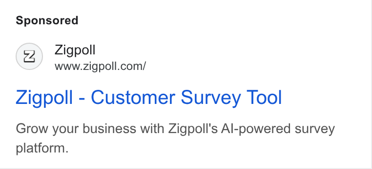 Zigpoll ad on Google Ads: Zigpoll - Customer Survey Tool Grow your business with Zigpoll's Al-powered survey platform.