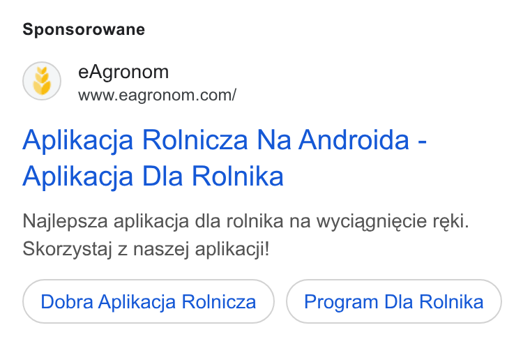 eAgronom ad on Google Ads: Sponsorowane Aplikacja Rolnicza Na Androida - Aplikacja Dla Rolnika Najlepsza aplikacja dla rolnika na wyciagniecie reki. Skorzystaj z naszej aplikacji! Dobra Aplikacja Rolnicza Program Dla Rolnika
