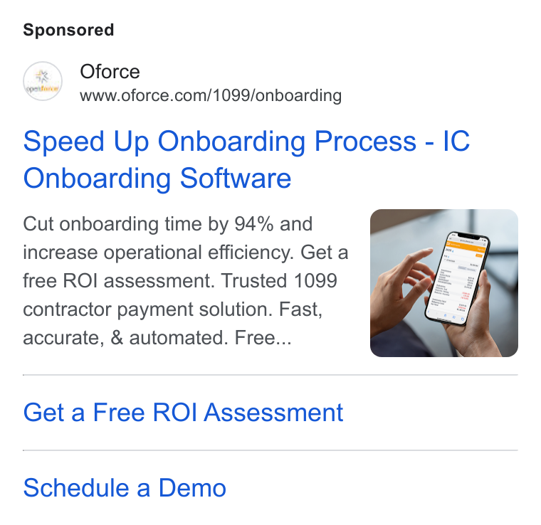 Openforce ad on Google Ads: Speed Up Onboarding Process - IC Onboarding Software Cut onboarding time by 94% and increase operational efficiency. Get a free ROI assessment. Trusted 1099 contractor payment solution. Fast, accurate, & automated. Free... Get a Free ROI Assessment Schedule a Demo
