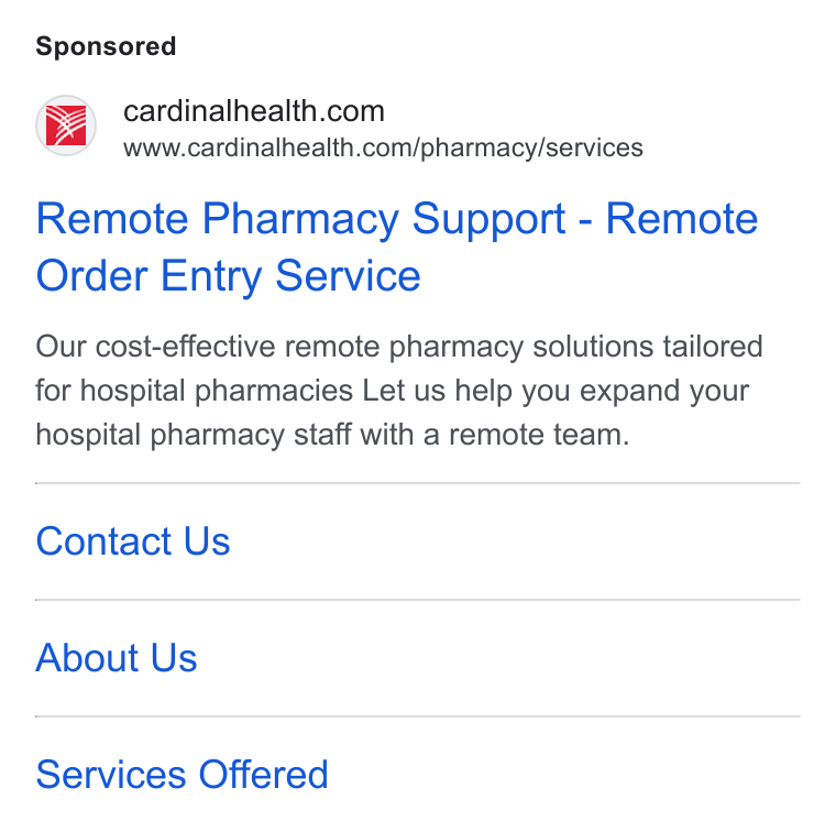 Cardinal Health ad on Google Ads: www.cardinalhealth.com/pharmacy/services Remote Pharmacy Support - Remote Order Entry Service Our cost-effective remote pharmacy solutions tailored for hospital pharmacies Let us help you expand your hospital pharmacy staff with a remote team. Contact Us About Us Services Offered