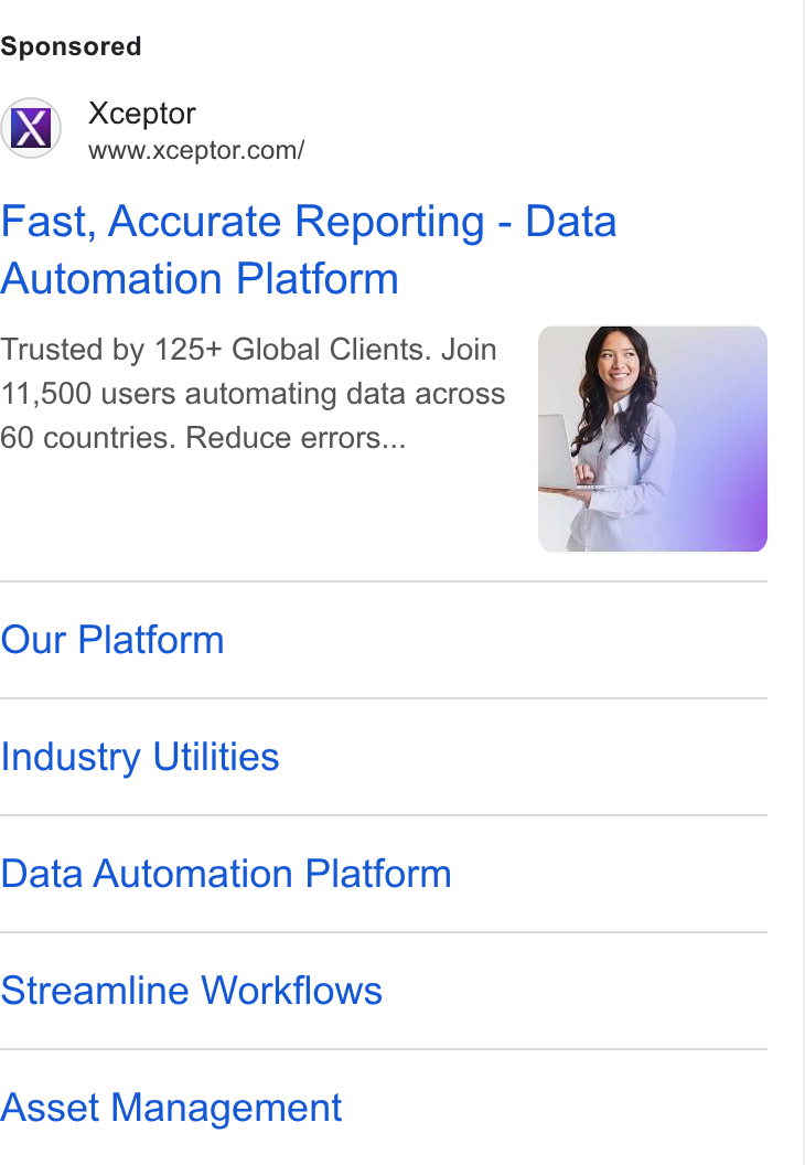 Xceptor ad on Google Ads: Fast, Accurate Reporting - Data Automation Platform Trusted by 125+ Global Clients. Join 11,500 users automating data across 60 countries. Reduce errors... Our Platform Industry Utilities Data Automation Platform Streamline Workflows Asset Management