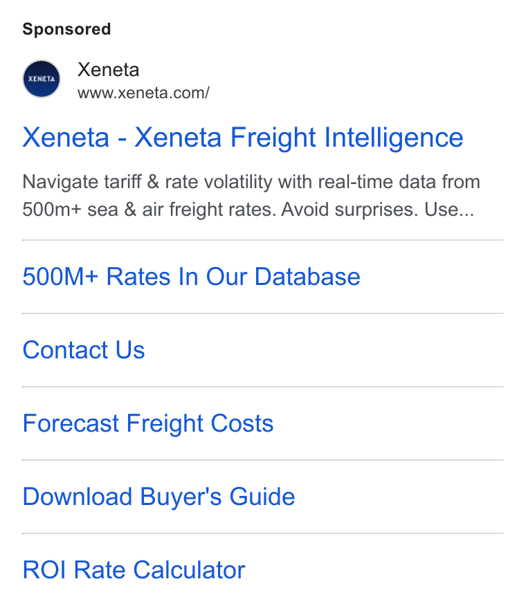 Xeneta ad on Google Ads: Xeneta - Xeneta Freight Intelligence Navigate tariff & rate volatility with real-time data from 500m+ sea & air freight rates. Avoid surprises. Use... 500M+ Rates In Our Database Contact Us Forecast Freight Costs Download Buyer's Guide ROI Rate Calculator