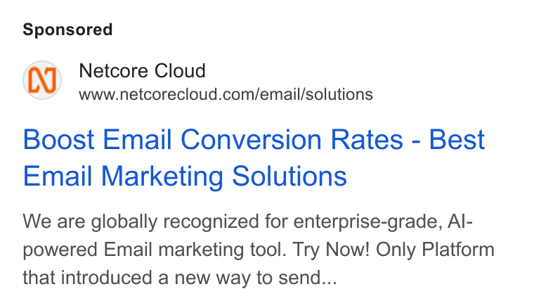 Netcore Cloud ad on Google Ads: Boost Email Conversion Rates - Best Email Marketing Solutions We are globally recognized for enterprise-grade, Al- powered Email marketing tool. Try Now! Only Platform that introduced a new way to send...
