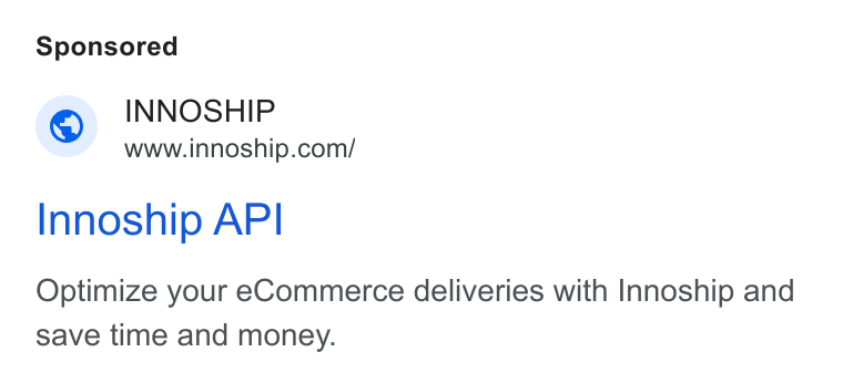 Innoship ad on Google Ads: Innoship API Optimize your e Commerce deliveries with Innoship and save time and money.