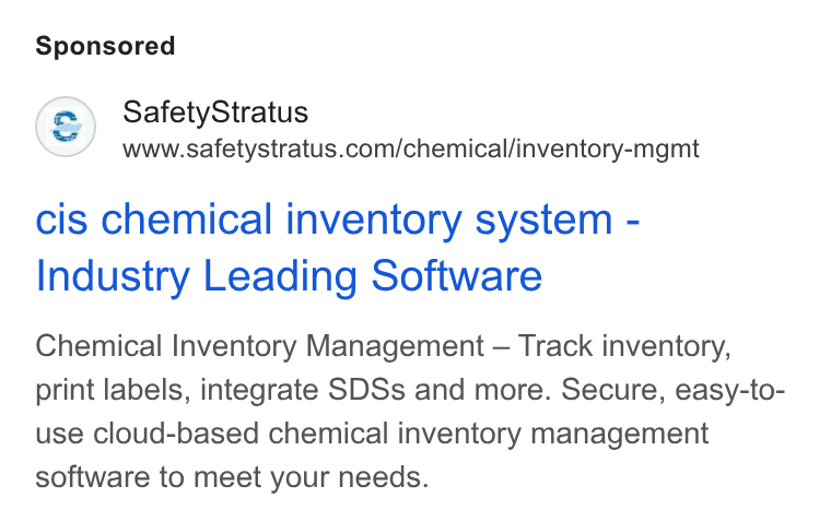 SafetyStratus ad on Google Ads: cis chemical inventory system - Industry Leading Software Chemical Inventory Management — Track inventory, print labels, integrate SDSs and more. Secure, easy-to- use cloud-based chemical inventory management software to meet your needs.