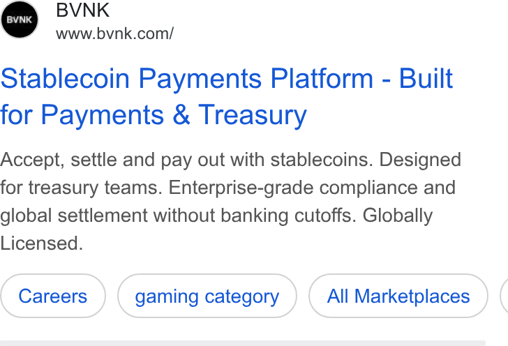 BVNK ad on Google Ads: Stablecoin Payments Platform - Built for Payments & Treasury Accept, settle and pay out with stablecoins. Designed for treasury teams. Enterprise-grade compliance and global settlement without banking cutoffs. Globally Licensed. gaming category All Marketplaces (