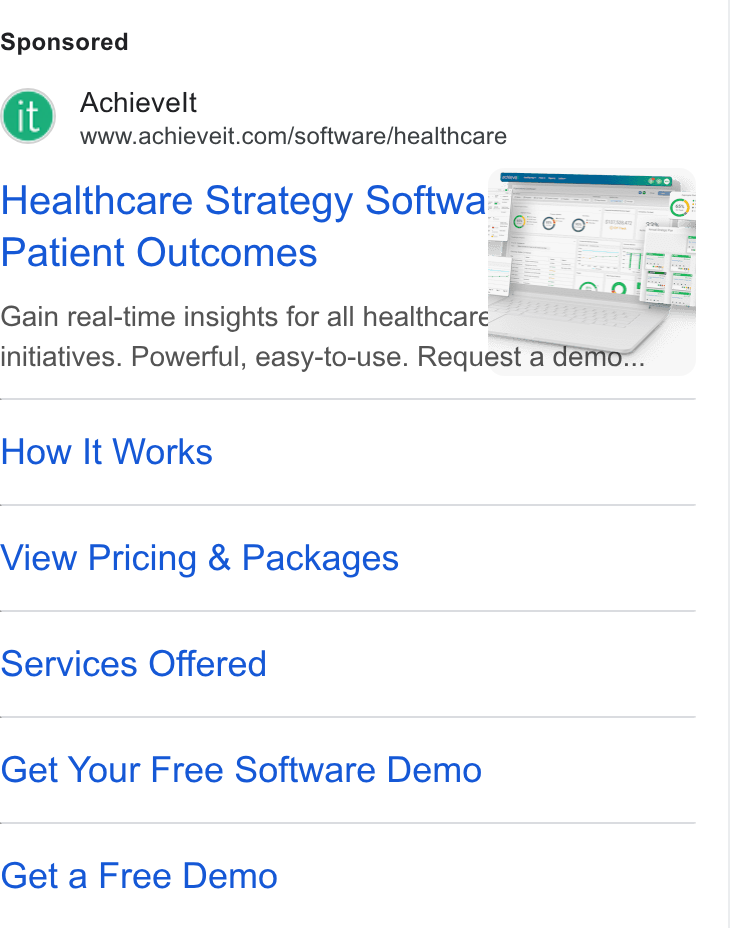 AchieveIt ad on Google Ads: Healthcare Strategy Softwaz Patient Outcomes = Gain real-time insights for all healthcare~ initiatives. Powerful, easy-to-use. Request a dé How It Works View Pricing & Packages Services Offered Get Your Free Software Demo Get a Free Demo