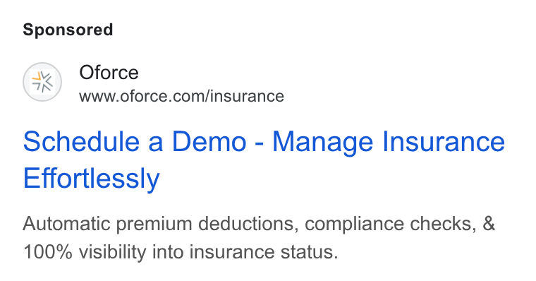 Openforce ad on Google Ads: Schedule a Demo - Manage Insurance Effortlessly Automatic premium deductions, compliance checks, & 100% visibility into insurance status.