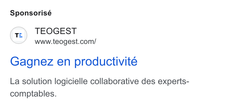 Teogest ad on Google Ads: Sponsorisé Gagnez en productivite La solution logicielle collaborative des experts- comptables.