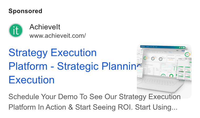 AchieveIt ad on Google Ads: Strategy Execution ioe Platform - Strategic Plannin" SES Execution Schedule Your Demo To See Our Strategy Execution Platform In Action & Start Seeing ROI. Start Using...