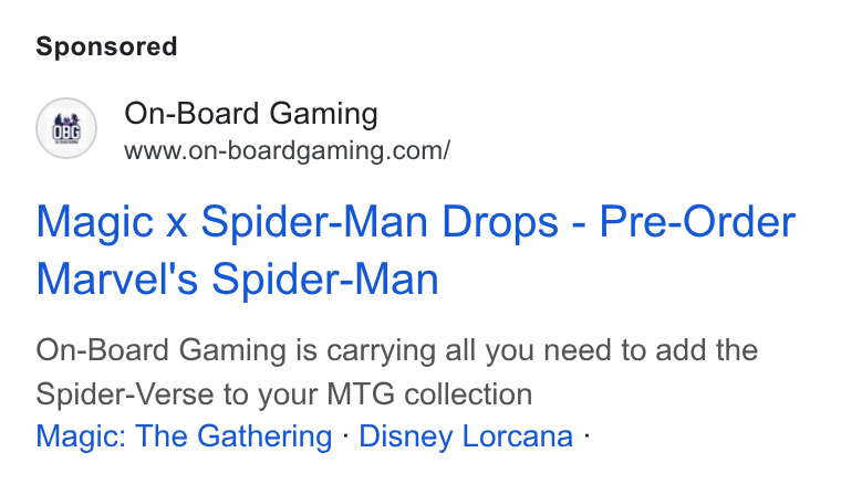 Skedda ad on Google Ads: Magic x Spider-Man Drops - Pre-Order Marvel's Spider-Man On-Board Gaming is carrying all you need to add the Spider-Verse to your MTG collection Magic: The Gathering - Disney Lorcana -