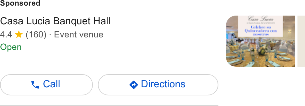 Perfect Venue ad on Google Ads: Casa Lucia Banquet Hall 4.4 ¥ (160) - Event venue Open