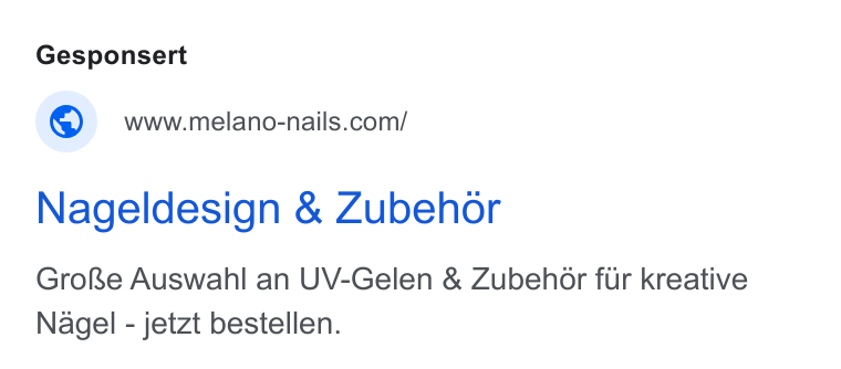 Shopgate ad on Google Ads: Nageldesign & Zubehor Grose Auswahl an UV-Gelen & Zubehor fur kreative Nagel - jetzt bestellen.