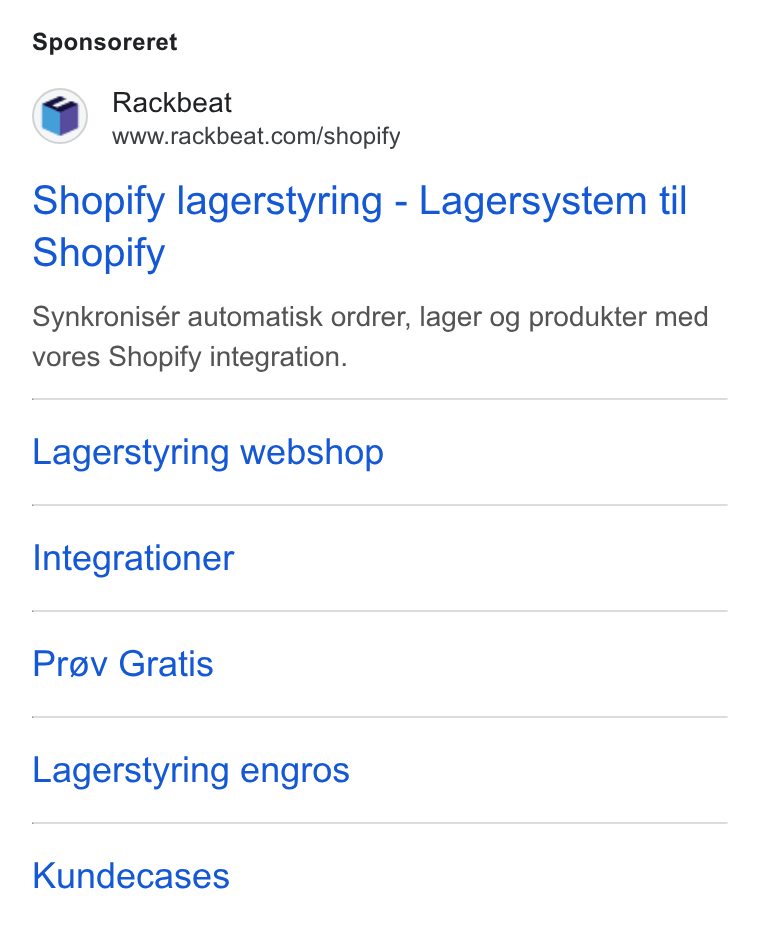 Rackbeat ad on Google Ads: Sponsoreret Shopify lagerstyring - Lagersystem til Shopify Synkronisér automatisk ordrer, lager og produkter med vores Shopify integration. Lagerstyring webshop Integrationer Prev Gratis Lagerstyring engros Kundecases