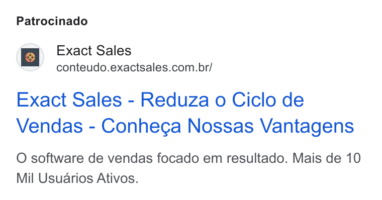 Exact Sales ad on Google Ads: Patrocinado Exact Sales - Reduza o Ciclo de Vendas - Conhega Nossas Vantagens O software de vendas focado em resultado. Mais de 10 Mil Usuarios Ativos.