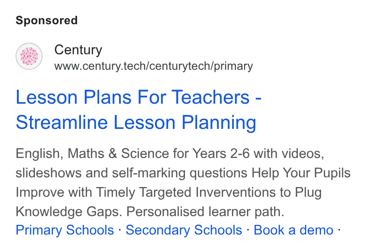 CENTURY Tech ad on Google Ads: Century www.century.tech/centurytech/primary Lesson Plans For Teachers - Streamline Lesson Planning English, Maths & Science for Years 2-6 with videos, slideshows and self-marking questions Help Your Pupils Improve with Timely Targeted Inverventions to Plug Knowledge Gaps. Personalised learner path. Primary Schools - Secondary Schools - Book a demo -