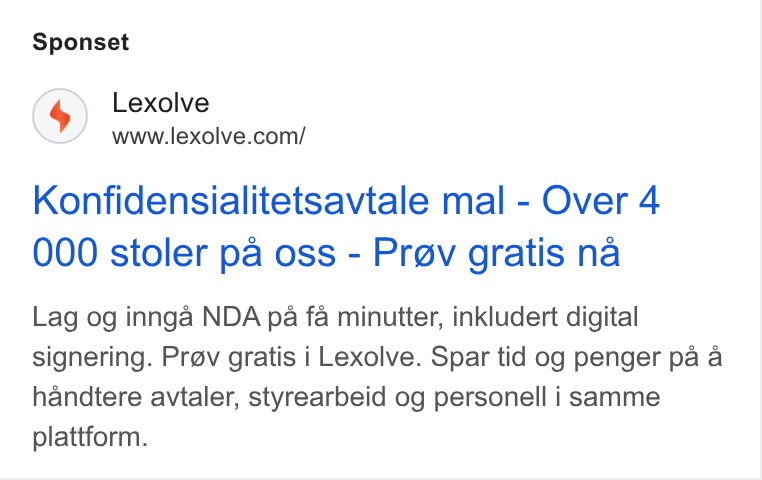 Lexolve ad on Google Ads: Sponset Konfidensialitetsavtale mal - Over 4 000 stoler pa oss - Prev gratis na Lag og innga NDA pa fa minutter, inkludert digital signering. Pr@v gratis i Lexolve. Spar tid og penger pa a handtere avtaler, styrearbeid og personell i samme plattform.