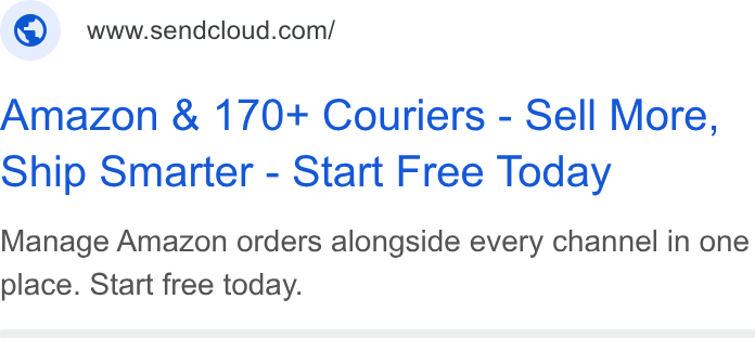 Sendcloud ad on Google Ads: Amazon & 1/0+ Couriers - Sell More, ohip Smarter - Start Free Today Manage Amazon orders alongside every channel in one place. Start free today.