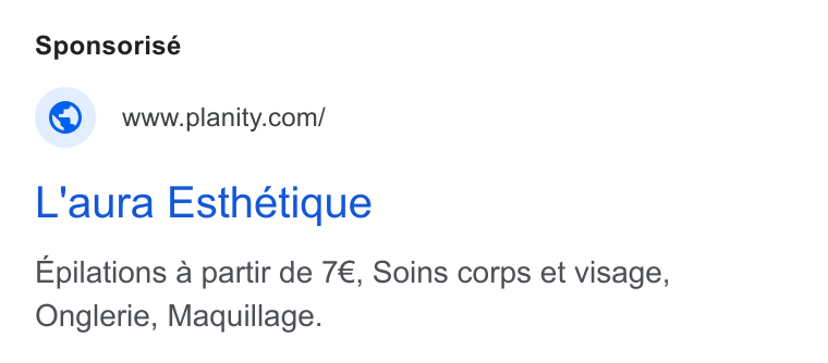 Planity ad on Google Ads: L'aura Esthetique Epilations a partir de 7€, Soins corps et visage, Onglerie, Maquillage.