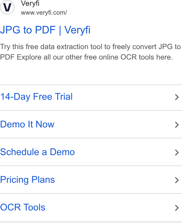 Veryfi ad on Google Ads: JPG to PDF | Veryfi Try this free data extraction tool to freely convert JPG to PDF Explore all our other free online OCR tools here. 14-Day Free Trial > Demo It Now > Schedule a Demo > Pricing Plans > OCR Tools >