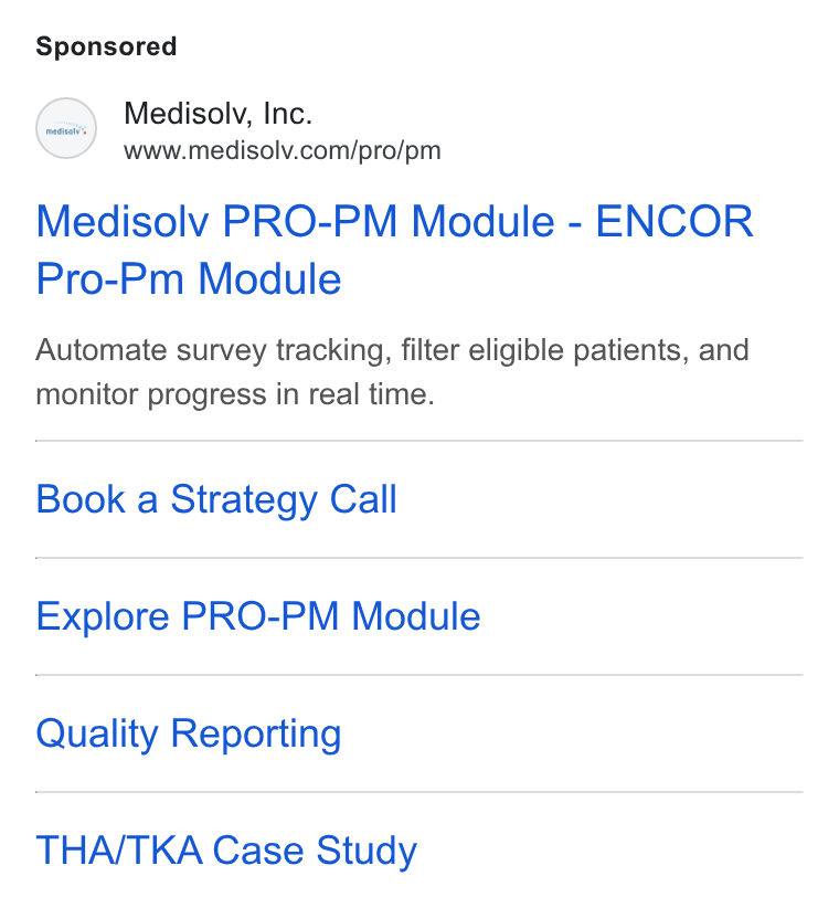 Medisolv ad on Google Ads: Medisoly PRO-PM Module - ENCOR Pro-Pm Module Automate survey tracking, filter eligible patients, and monitor progress in real time. Book a Strategy Call Explore PRO-PM Module Quality Reporting THA/TKA Case Study