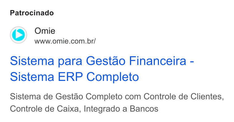 Omie ad on Google Ads: Patrocinado Sistema para Gestao Financeira - Sistema ERP Completo Sistema de Gestao Completo com Controle de Clientes, Controle de Caixa, Integrado a Bancos