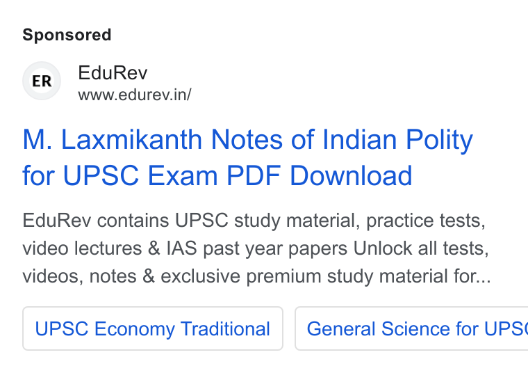EduRev ad on Google Ads: M. Laxmikanth Notes of Indian Polity for UPSC Exam PDF Download Edu Rev contains UPSC study material, practice tests, video lectures & IAS past year papers Unlock all tests, videos, notes & exclusive premium study material for... UPSC Economy Traditional | General Science for UPS«