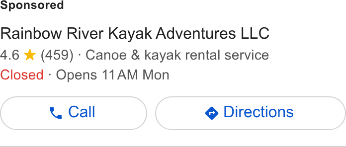FareHarbor ad on Google Ads: Rainbow River Kayak Adventures LLC 4.6 ¥ (459) - Canoe & kayak rental service Closed - Opens 11AM Mon