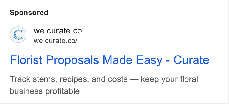 Curate ad on Google Ads: we.curate.co/ Florist Proposals Made Easy - Curate Track stems, recipes, and costs — keep your floral business profitable.